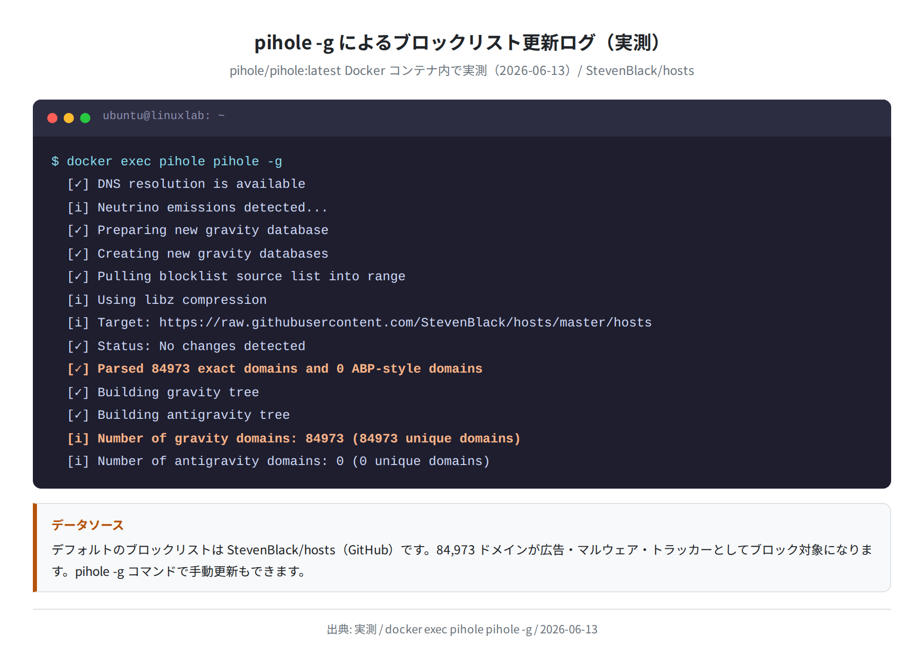 pihole -g ブロックリスト更新ログ（実測）