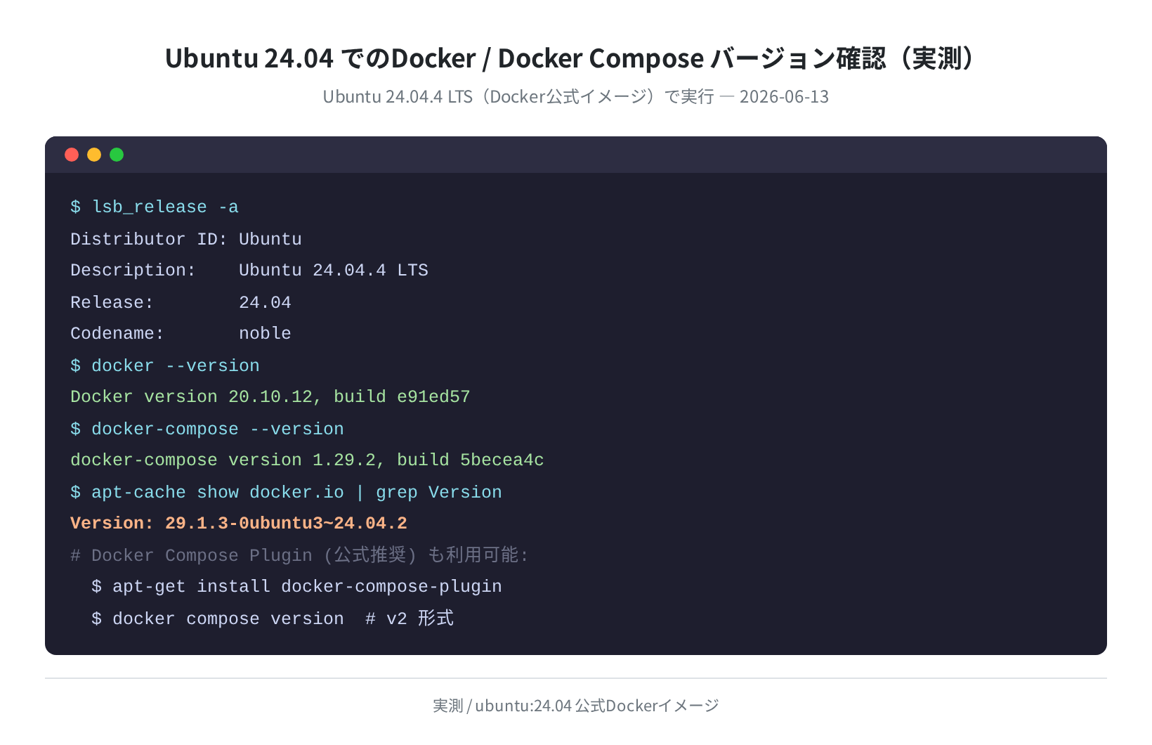 Ubuntu 24.04でのDocker / Docker Composeバージョン確認（実測）