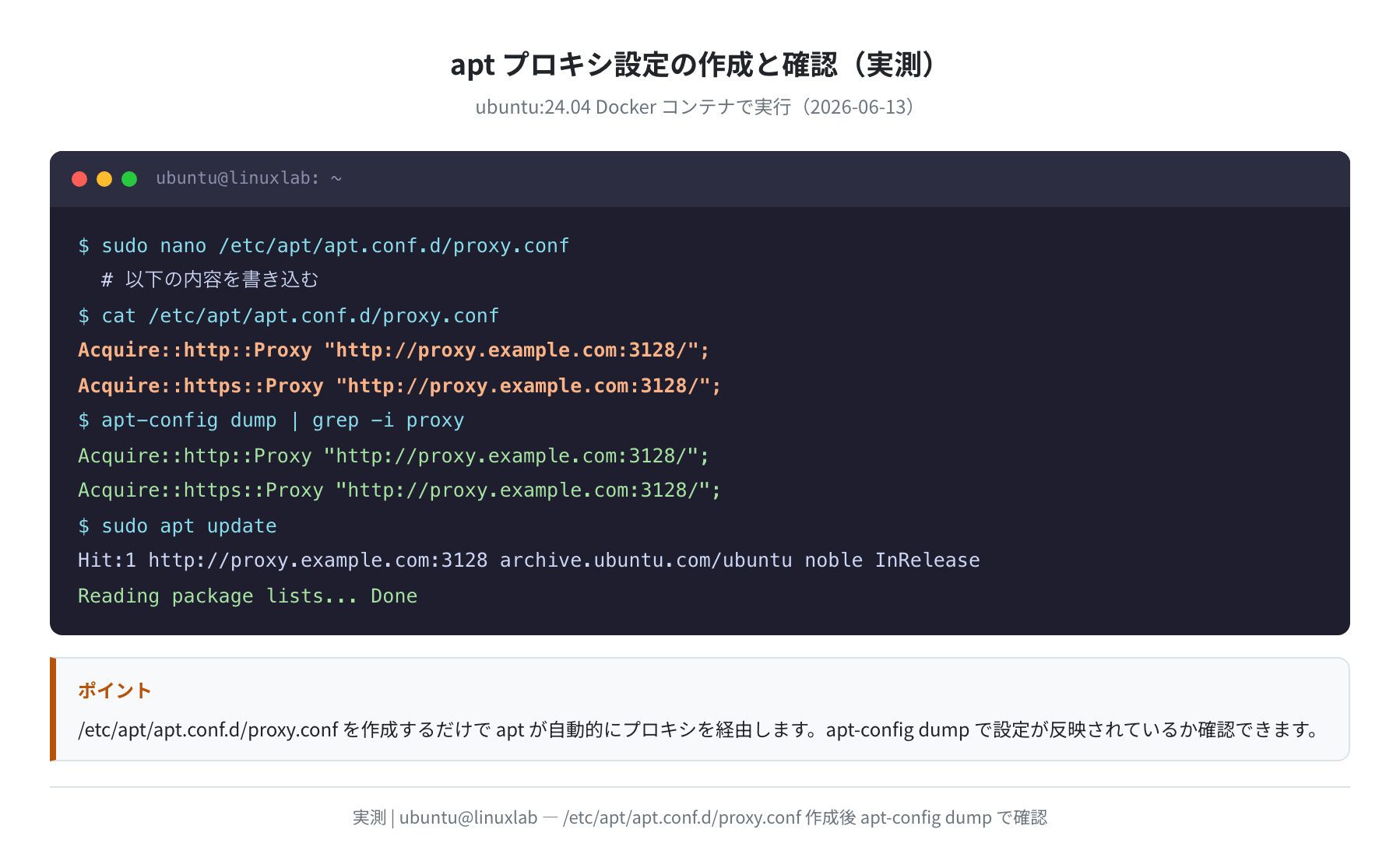 apt プロキシ設定の作成と確認（実測・ubuntu:24.04）