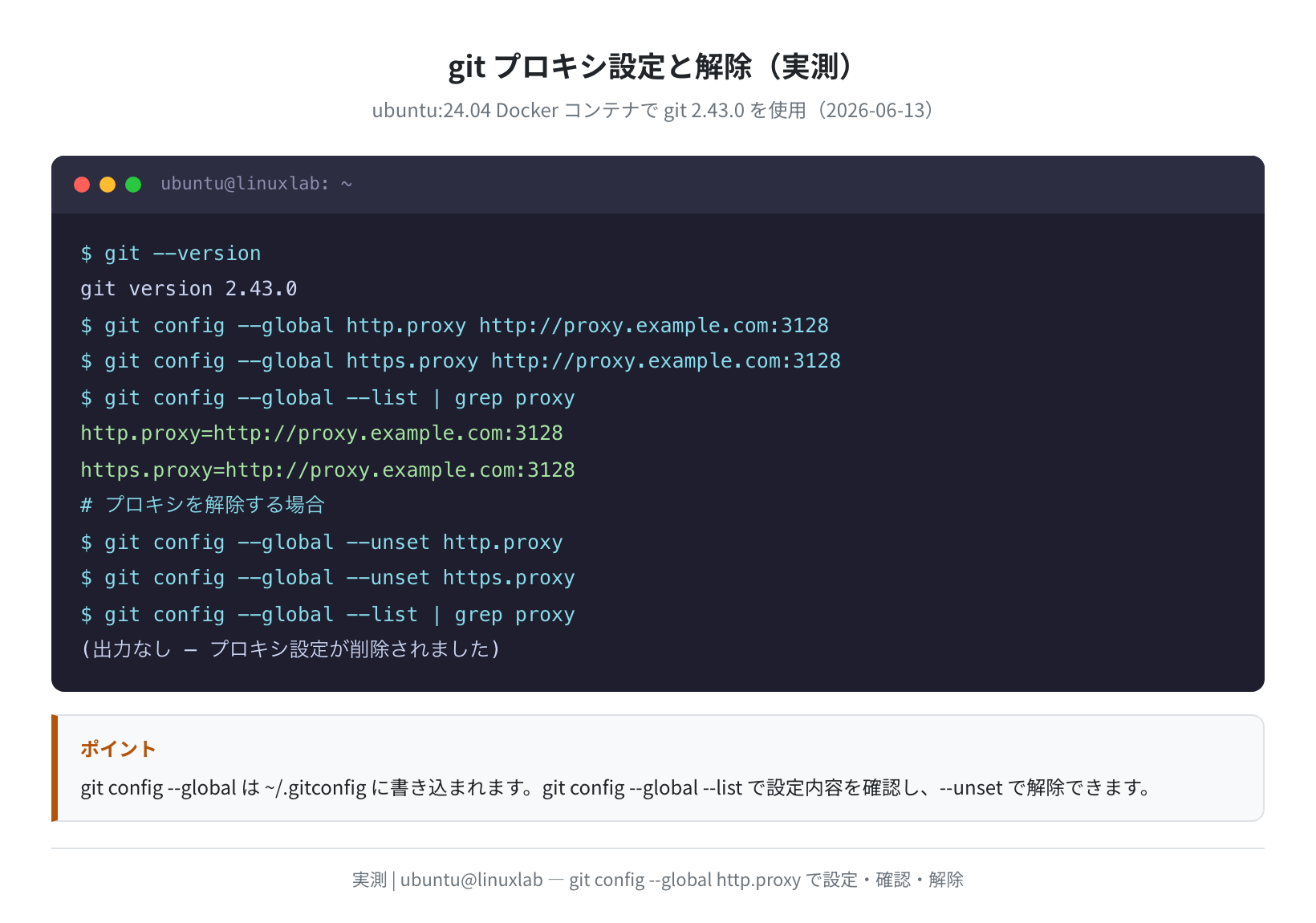 git プロキシ設定（実測・git version 2.43.0）