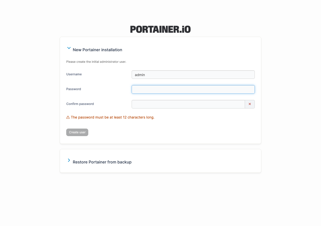 Portainer 初回管理者アカウント設定画面