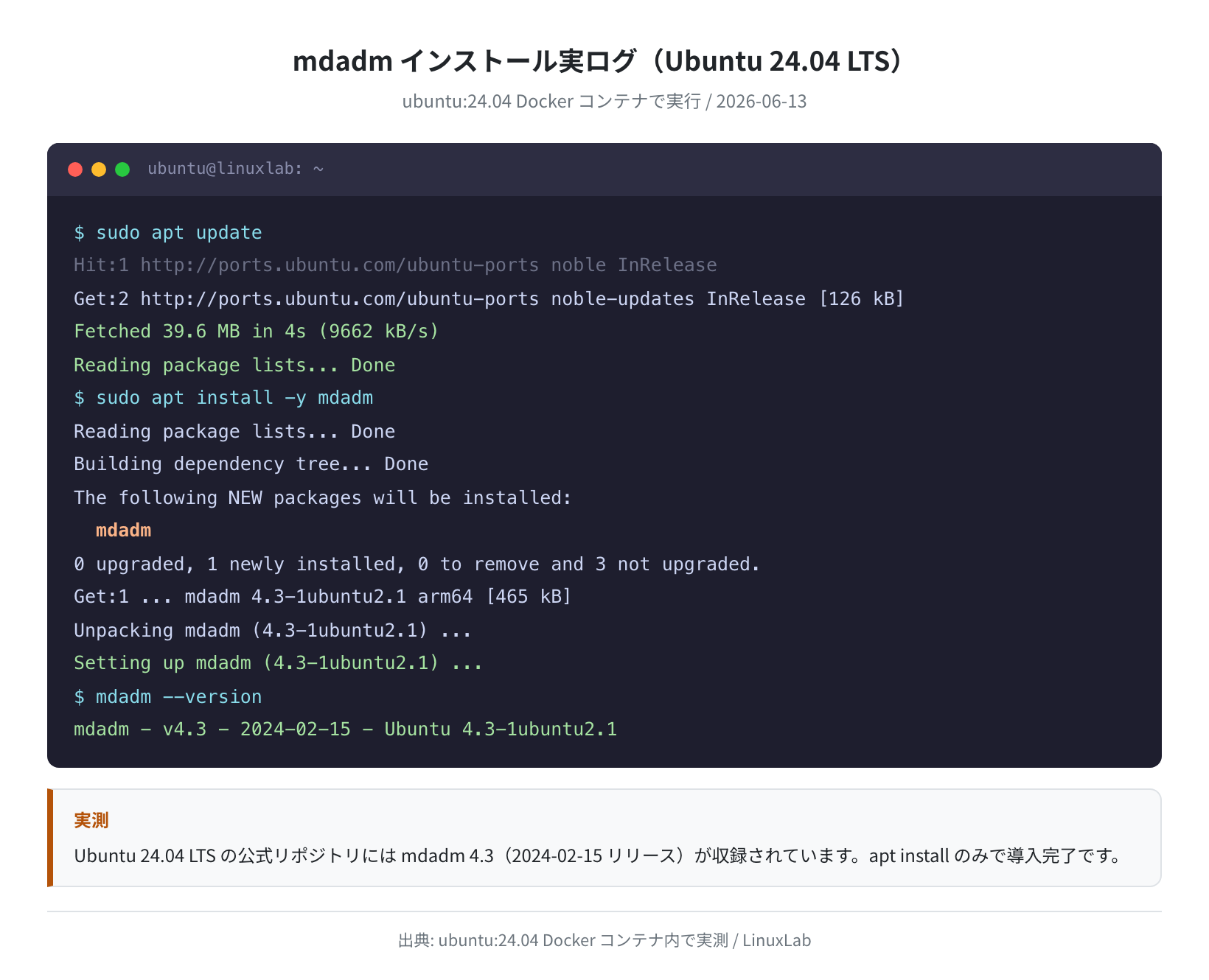 mdadm インストール実ログ(Ubuntu 24.04 実測)