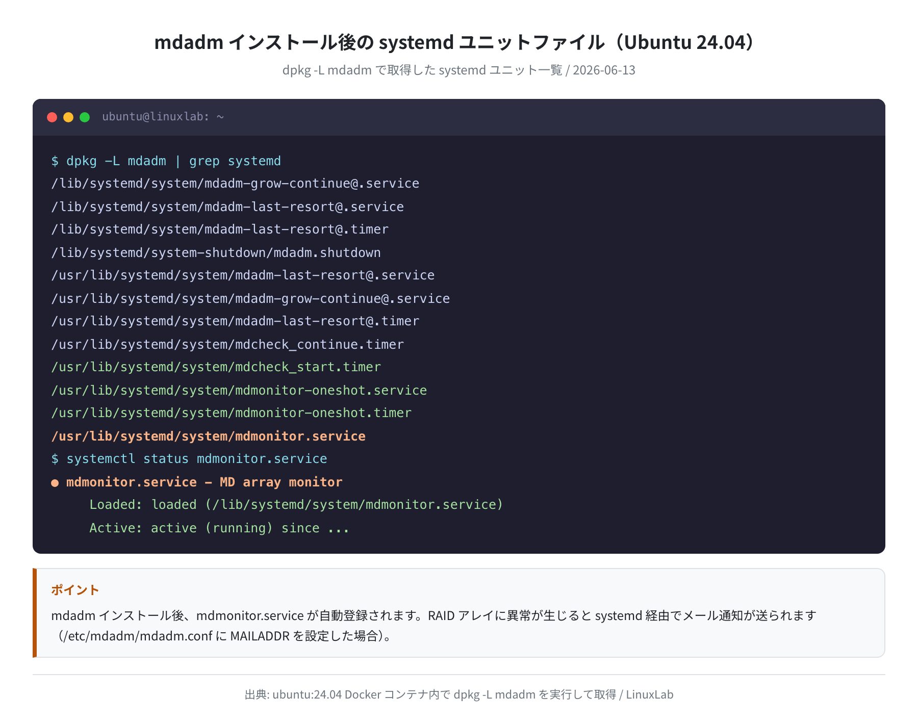 mdadm systemd ユニットファイル一覧(実測)