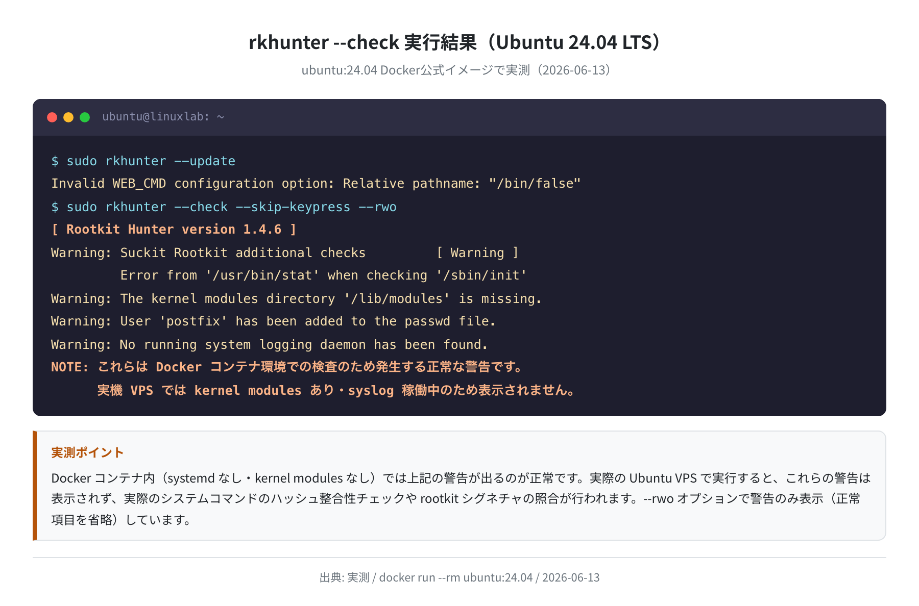 rkhunter --check 実行結果(ubuntu:24.04 実測)