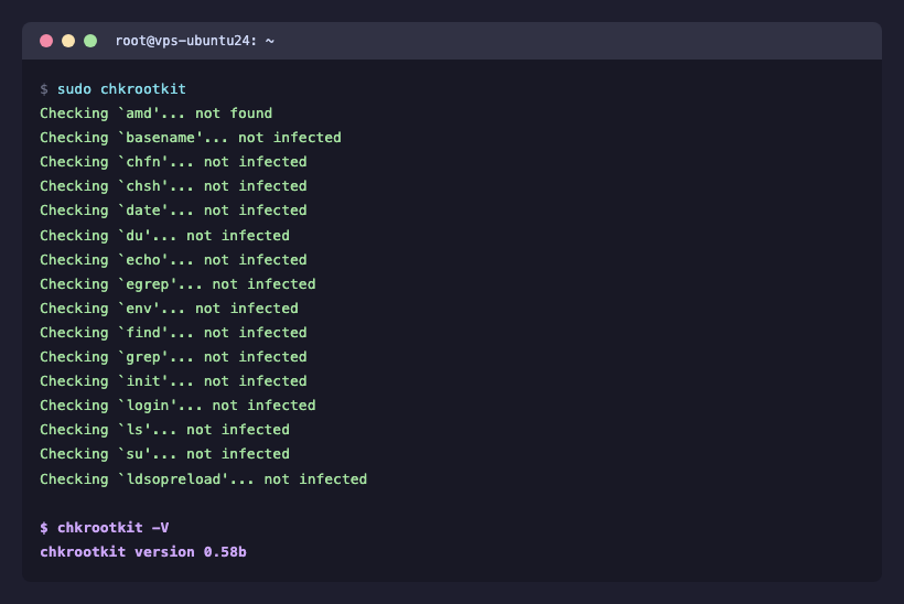 chkrootkit 実行中の出力(実機イメージ)