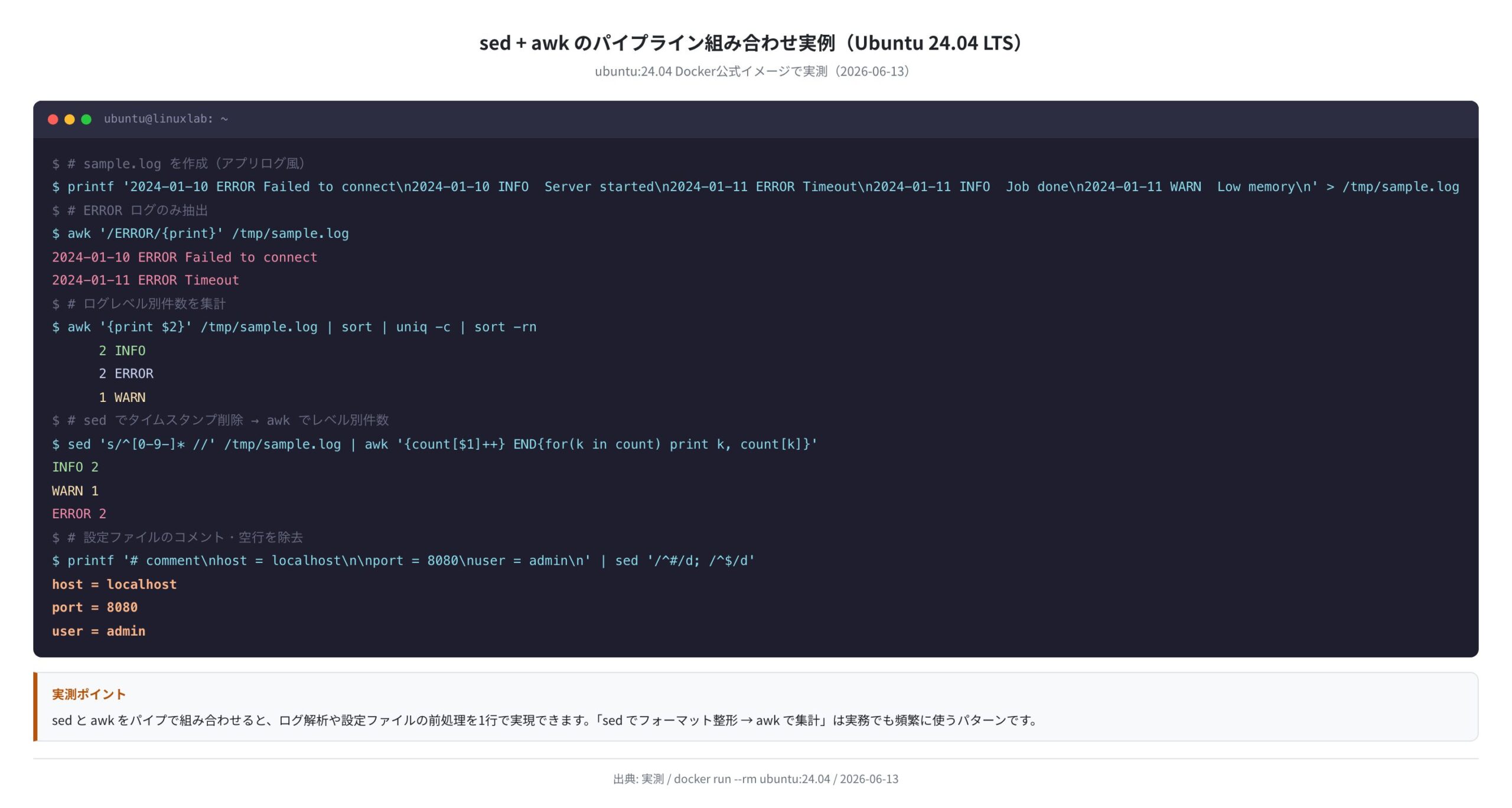 sed+awk パイプライン組み合わせ実例(Ubuntu 24.04 実測)