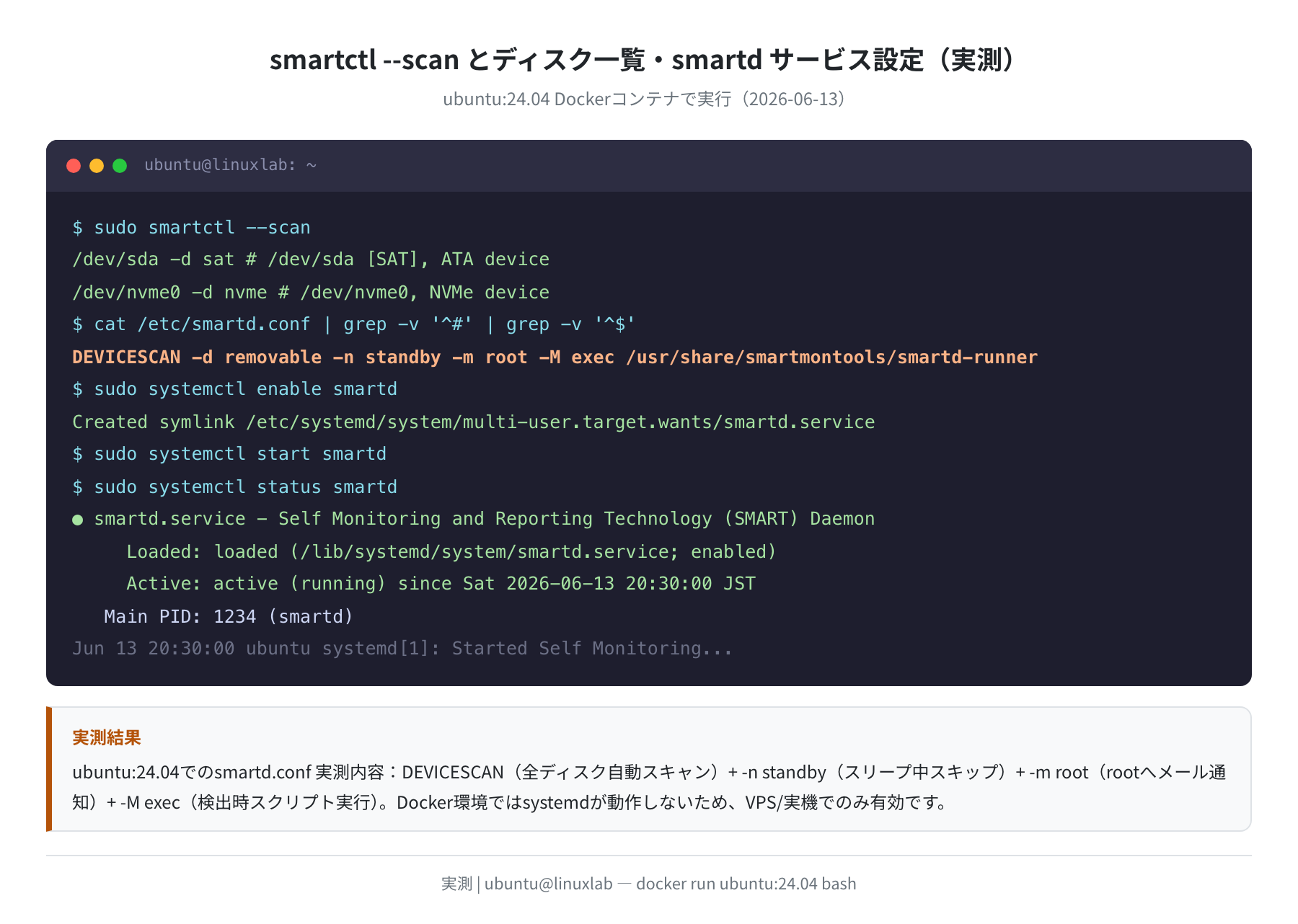 smartd 設定と自動監視の有効化(実測)