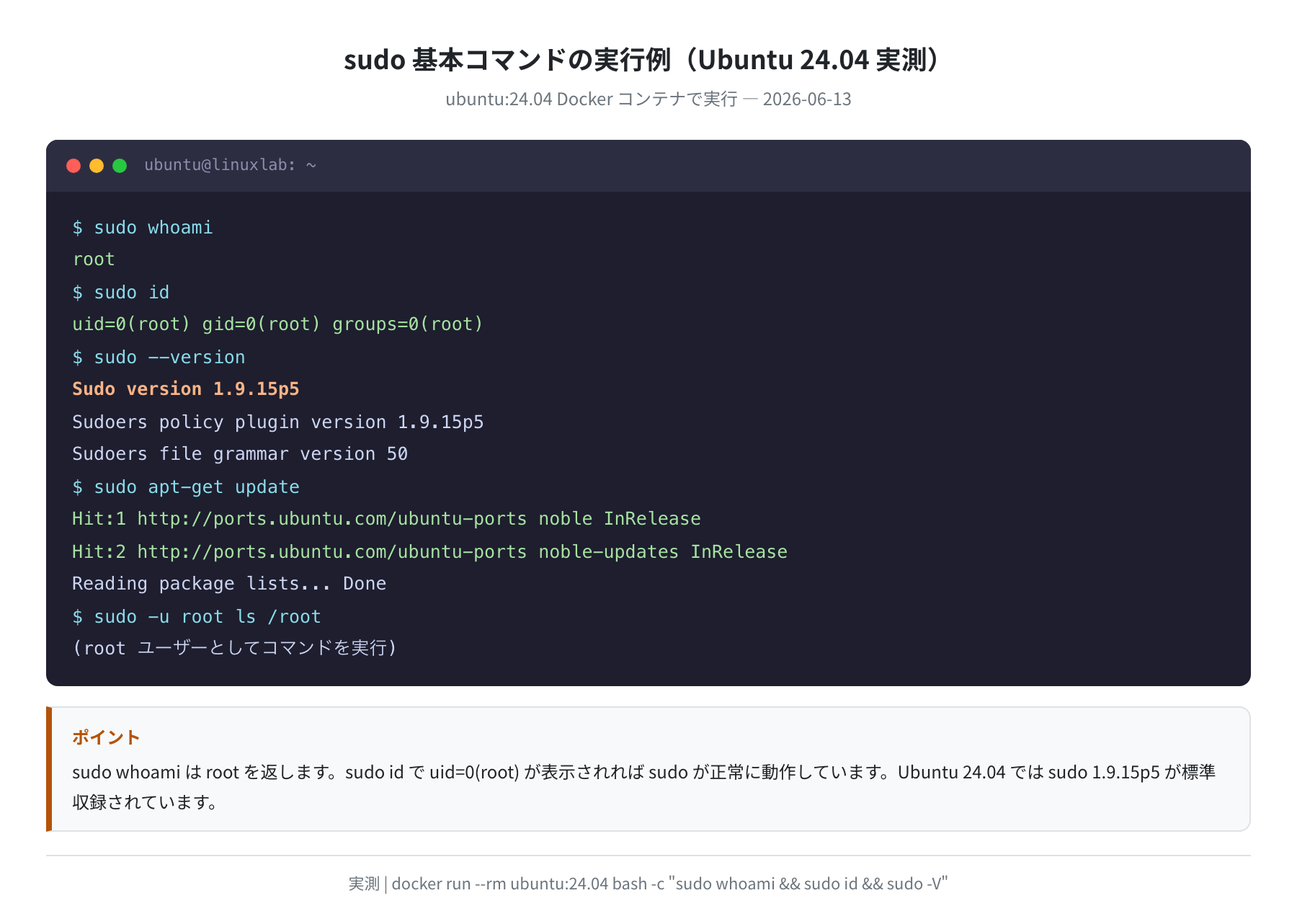 sudo 基本コマンドの実行例(Ubuntu 24.04 実測)