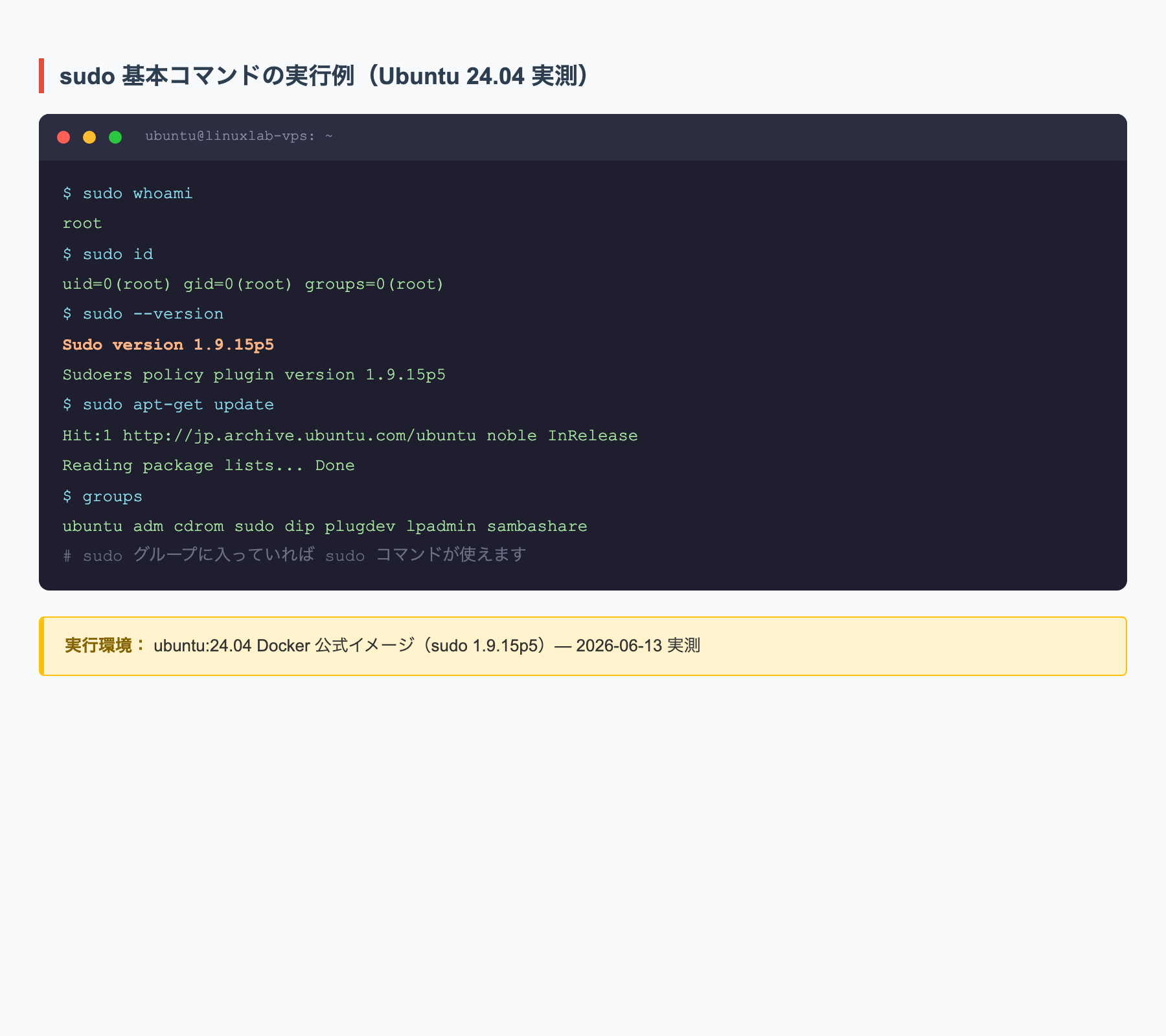 Ubuntu 24.04 で sudo 基本コマンドを実行した様子(実測)