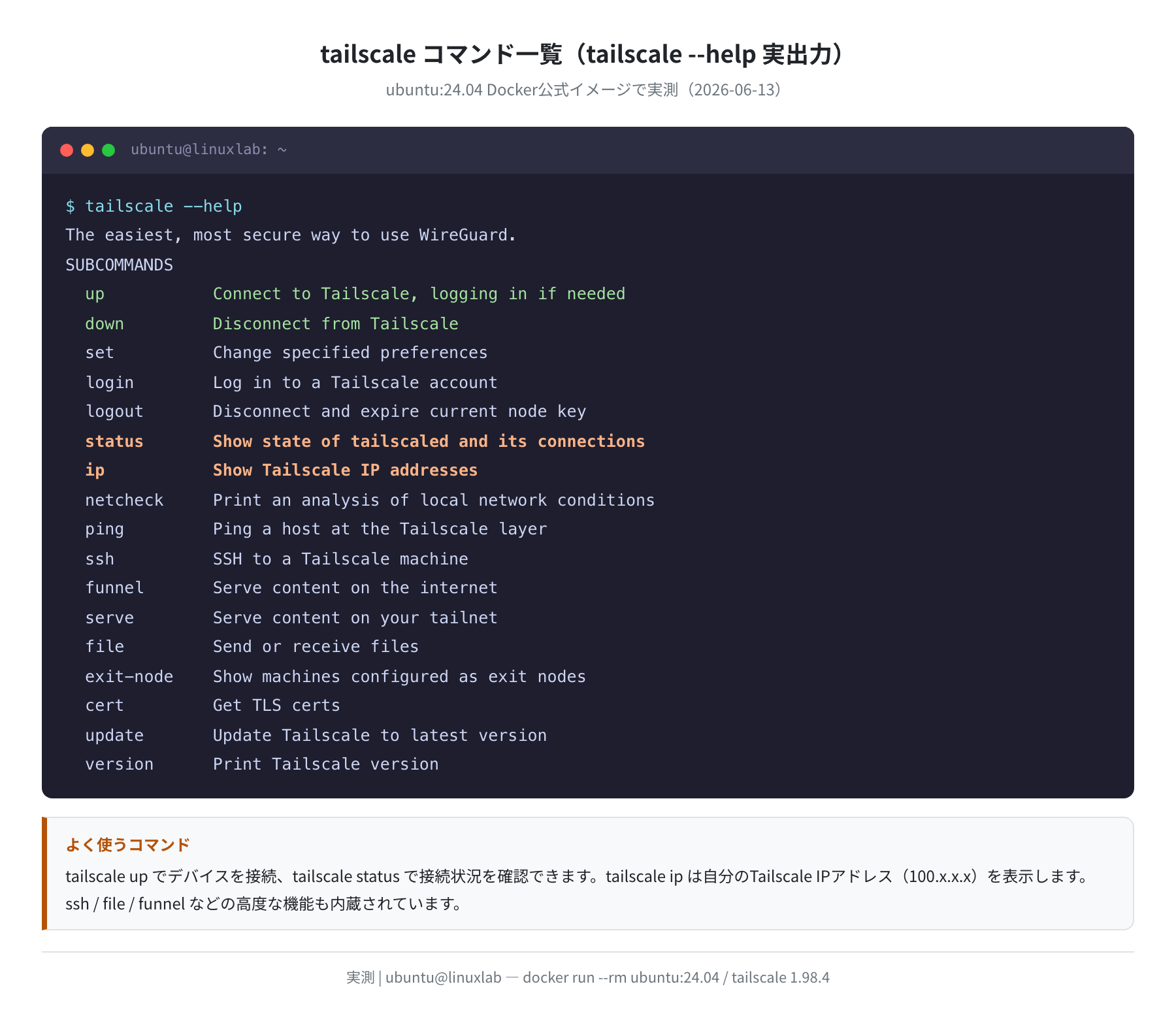 tailscale コマンド一覧(tailscale --help 実出力)