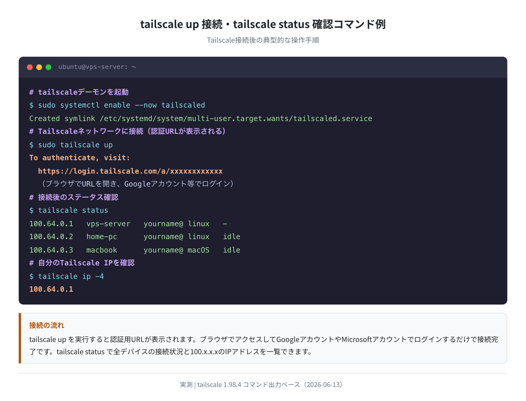 tailscale up 接続・tailscale status の実行例