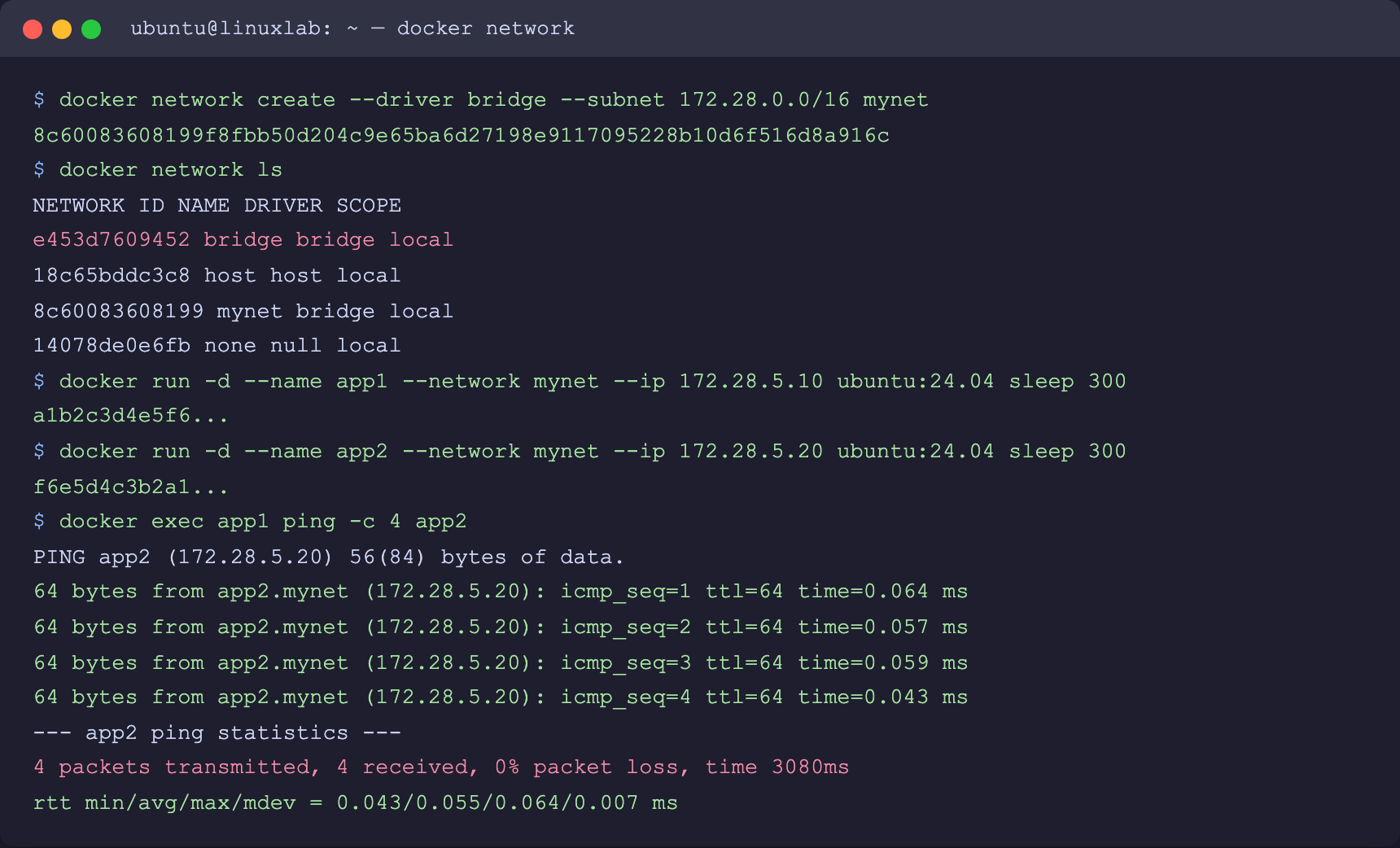 docker network create・コンテナ起動・ping通信の一連コマンド(Playwrightスクリーンショット)
