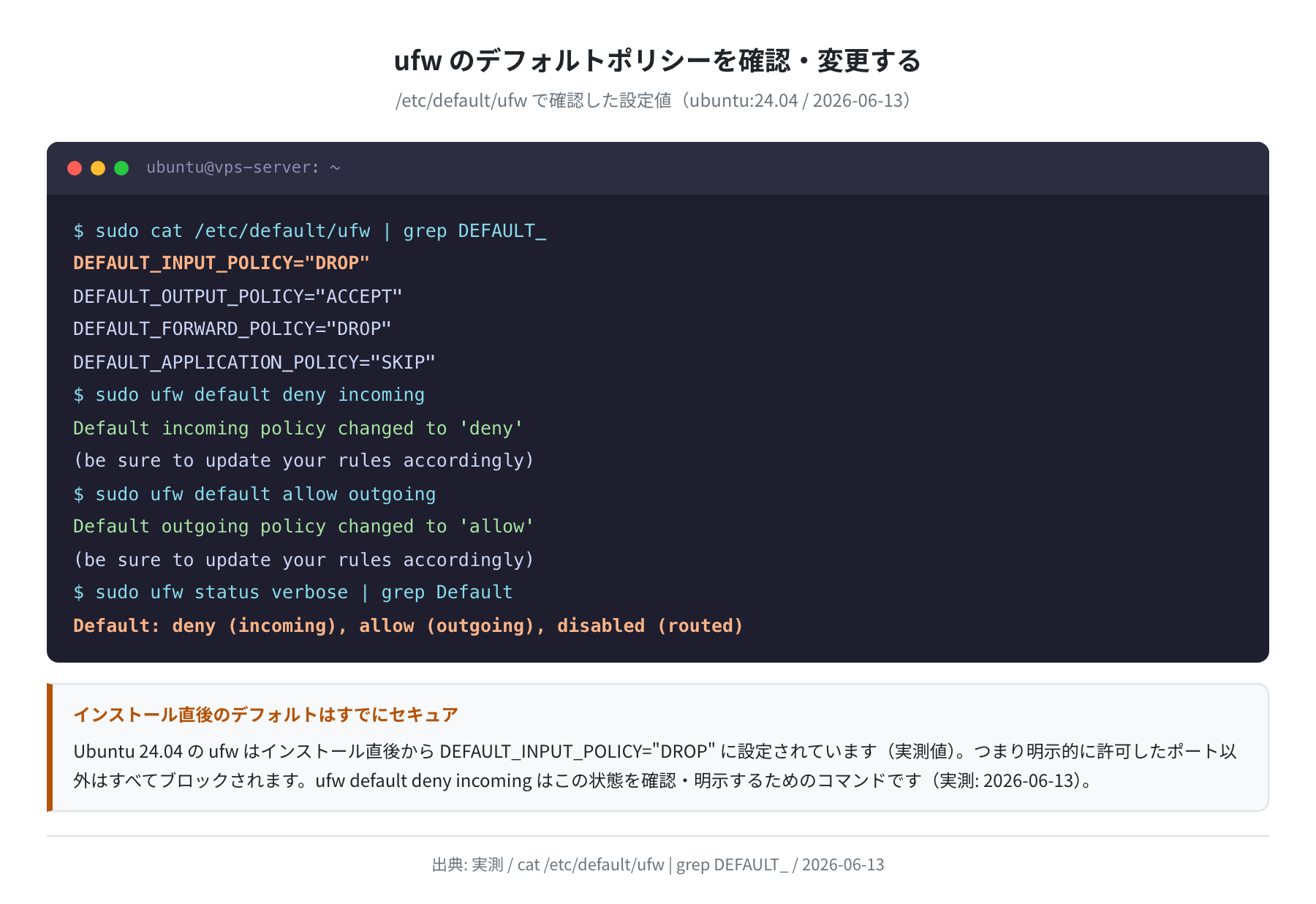 デフォルトポリシー確認（/etc/default/ufw 実測値）