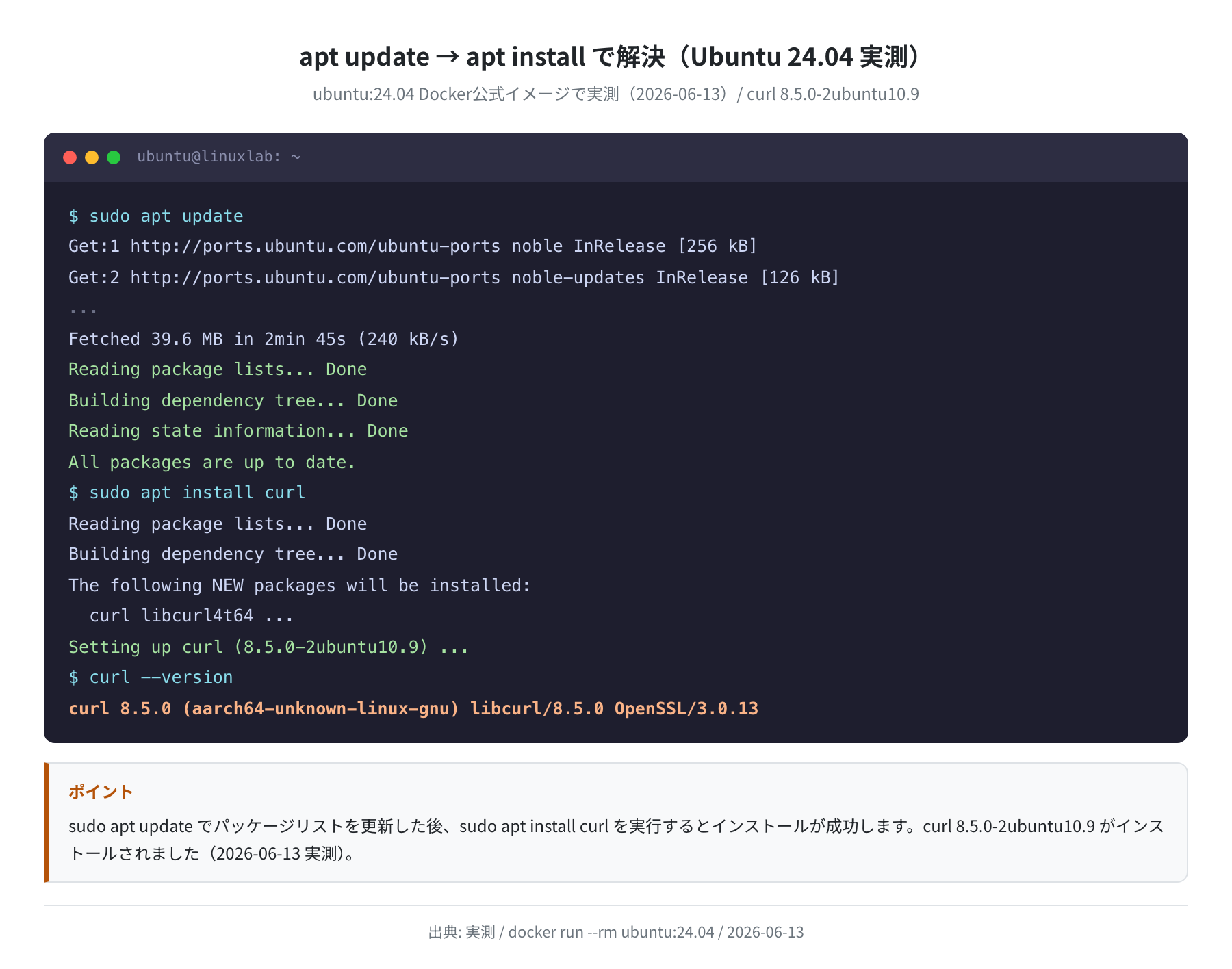 apt update → apt install curl の成功ログ(Ubuntu 24.04 実測)