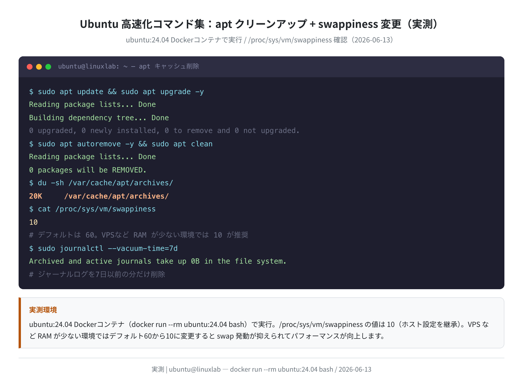 apt クリーンアップ・swappiness 変更コマンド（Ubuntu 24.04 実測、2026-06-13）