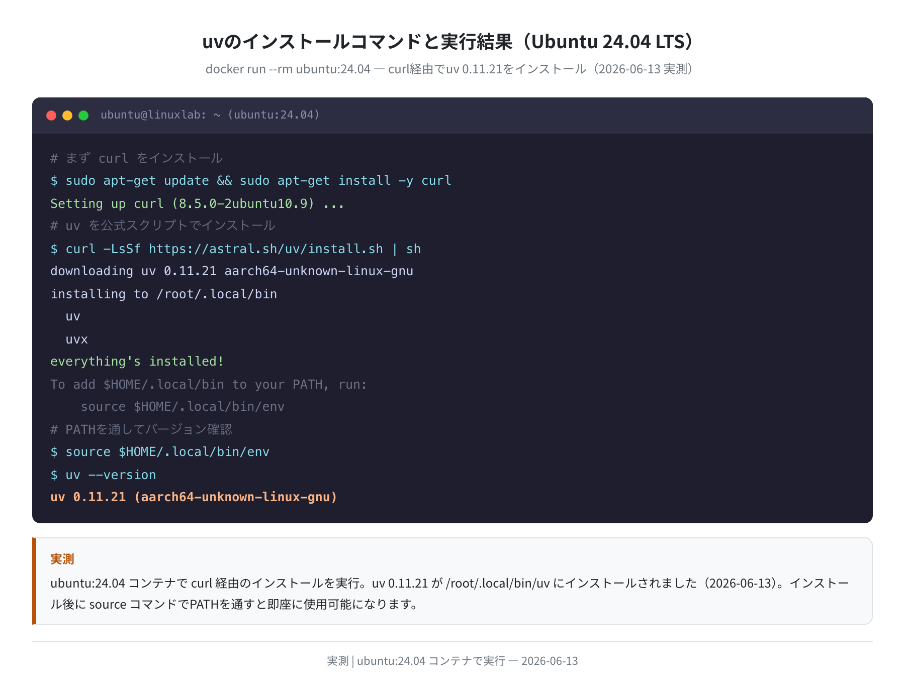 uvインストールの実行ログ（Ubuntu 24.04 実測）