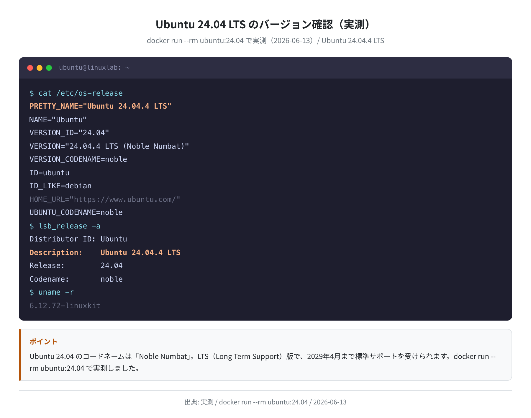 Ubuntu 24.04 LTS のバージョン確認(実測)