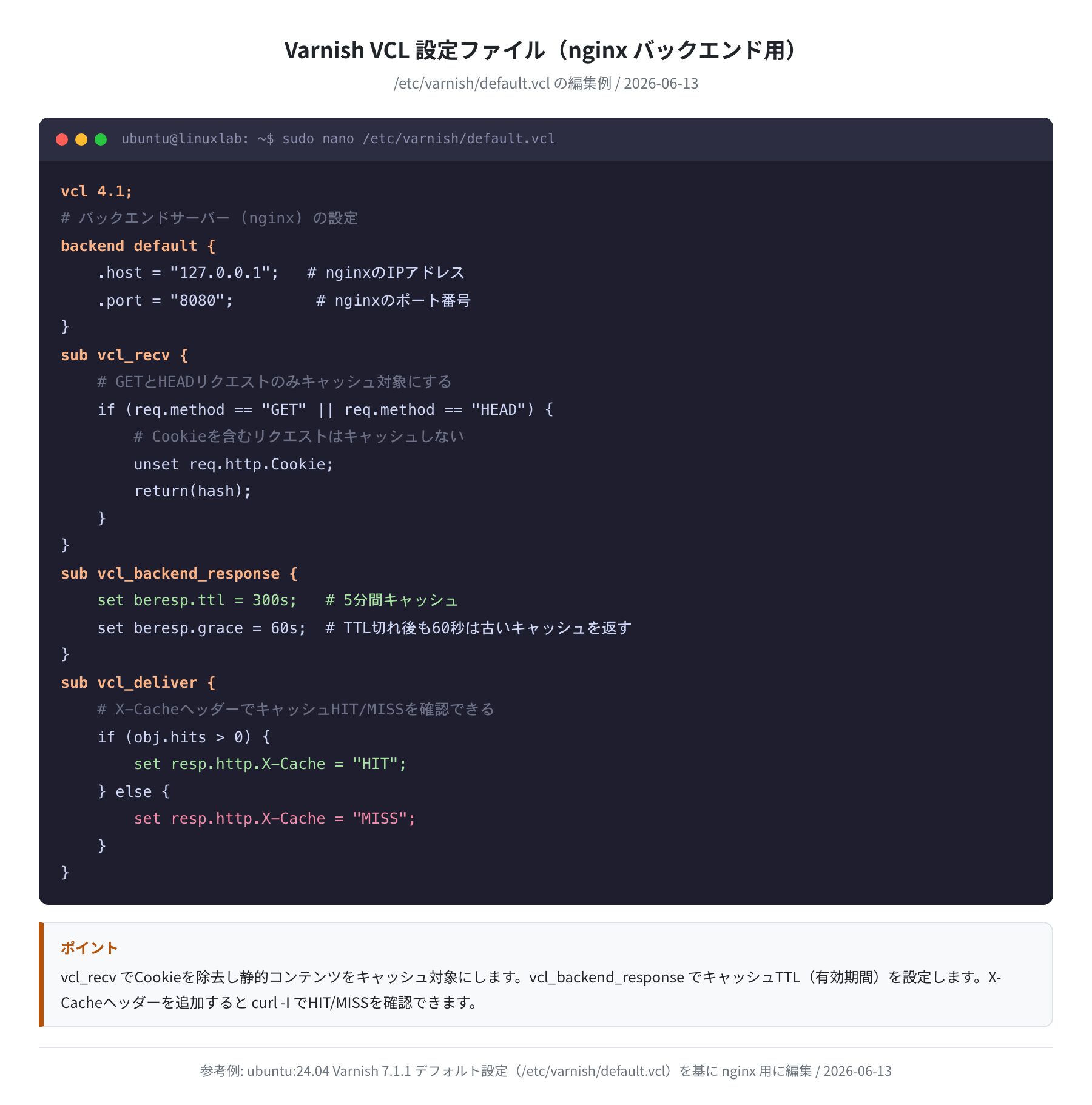 Varnish VCL設定ファイル（nginx バックエンド用）