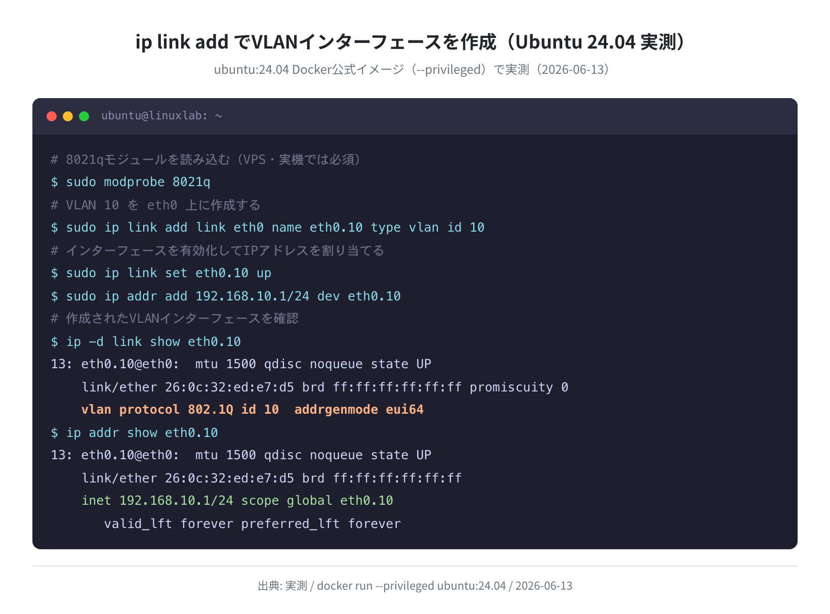 ip link addでVLANインターフェースを作成（Ubuntu 24.04 実測）