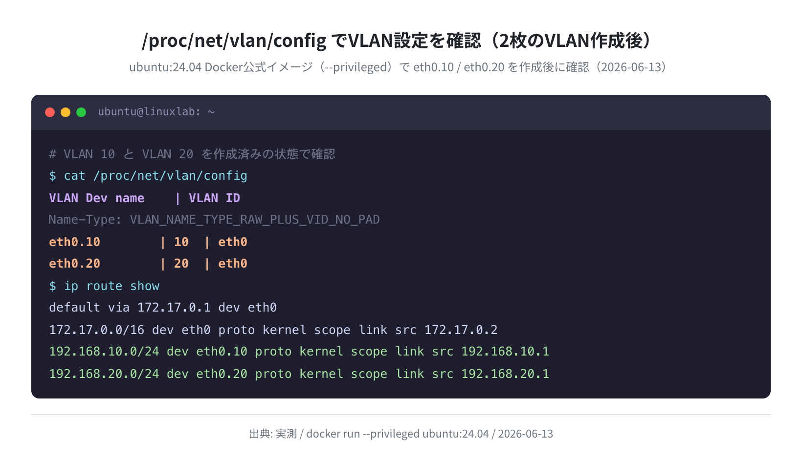 /proc/net/vlan/config でVLAN一覧を確認（Ubuntu 24.04 実測）