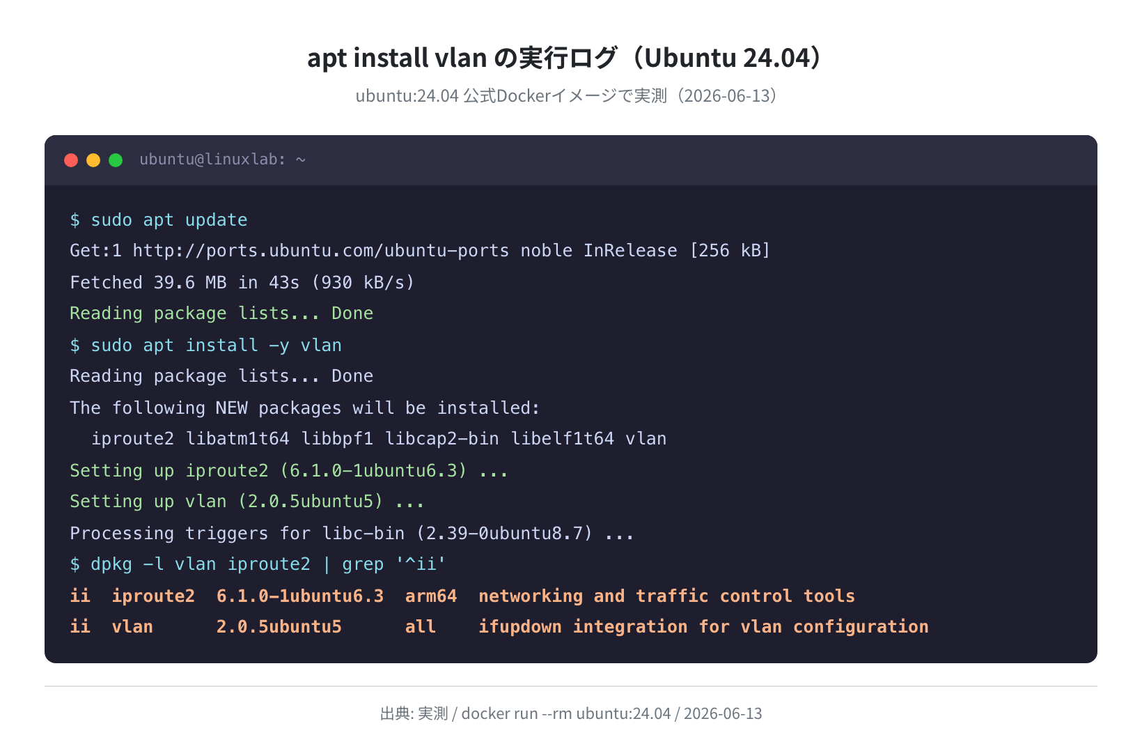 apt install vlan の実行ログ（Ubuntu 24.04 実測）