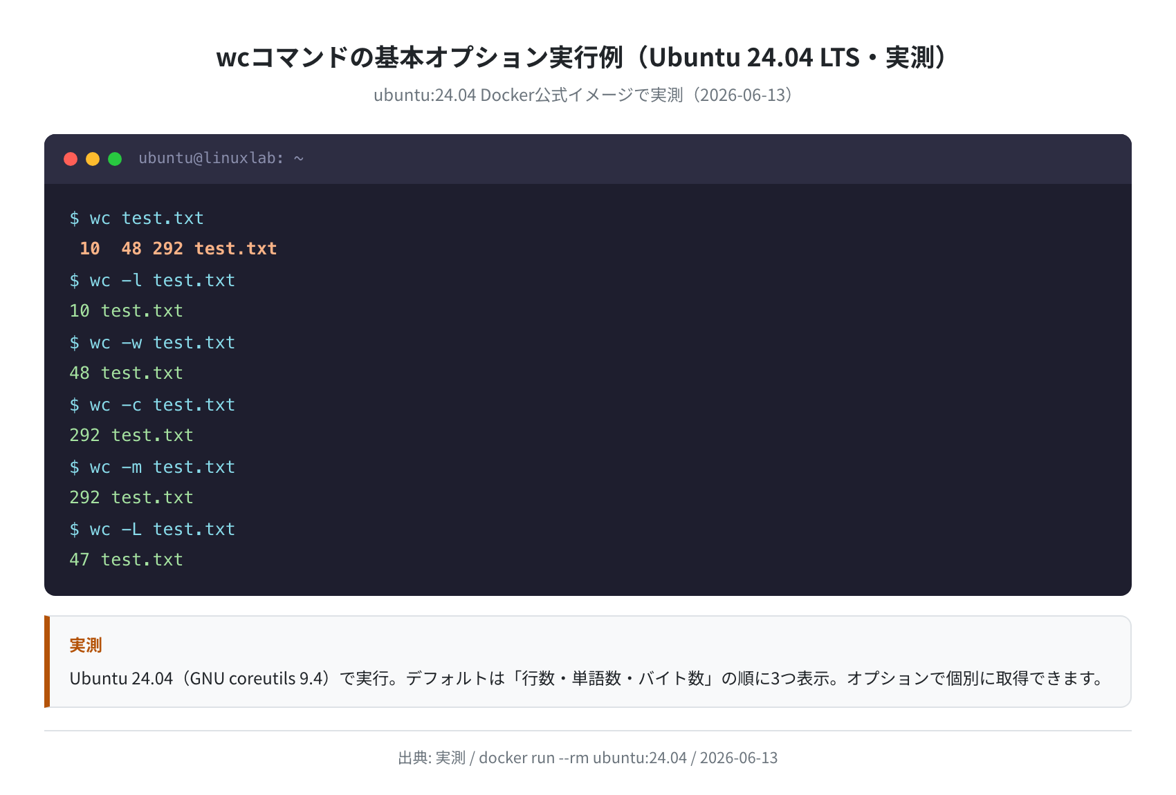 wcコマンド基本オプション実行例(Ubuntu 24.04 LTS・実測)
